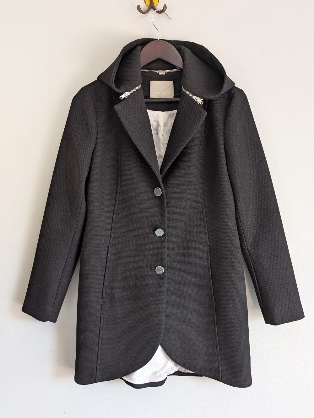 Soia & Kyo Black Hooded Button Front Jacket, Wool Blend Coat, Size M